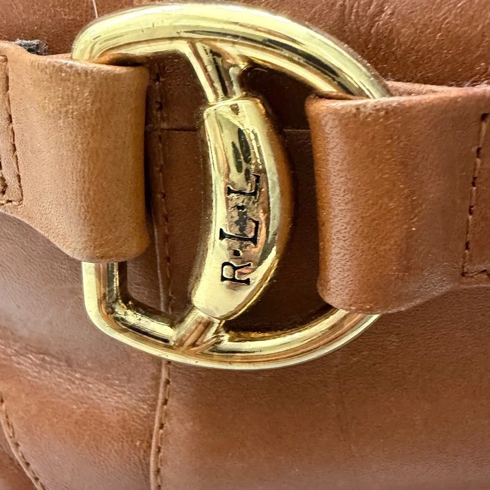 Lauren Ralph Lauren Tan Leather Ankle Boots Womens Size 9 Stirrup Buckle Heel - Picture 3 of 15